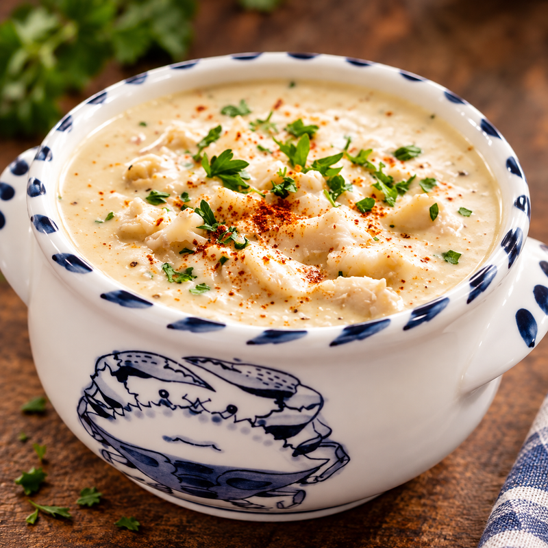 Maryland Cream of Crab Soup with lump crab meat, Old Bay seasoning and fresh parsley