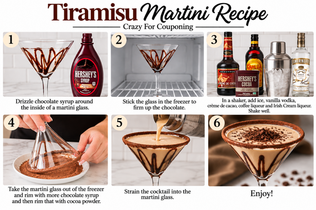 Six-step Tiramisu Martini recipe instruction graphic showing chocolate syrup, chilling the glass, shaking the cocktail, cocoa rim and finished martini