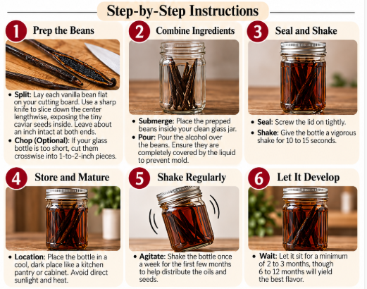 Step-by-step photo instructions for making homemade vanilla extract