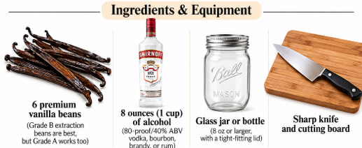 Ingredients for homemade vanilla extract including vanilla beans and vodka