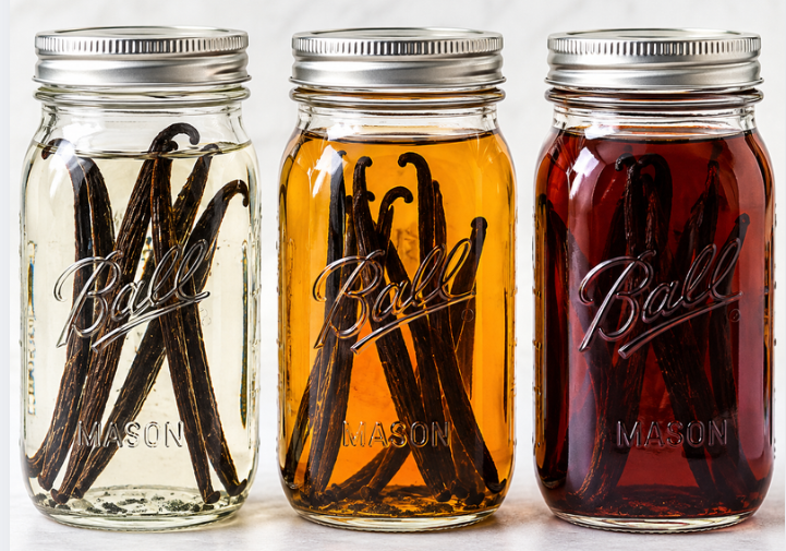 Progress photos showing homemade vanilla extract developing color during infusion