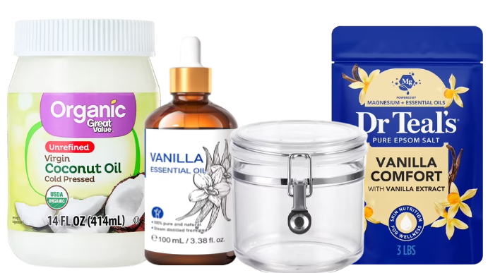 DIY salt scrub ingredients and supplies including coconut oil, vanilla oil, Epsom salt, and a glass jar with lid