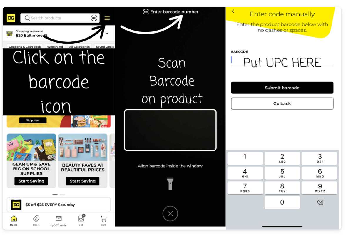 Manually entering a UPC in the Dollar General app
