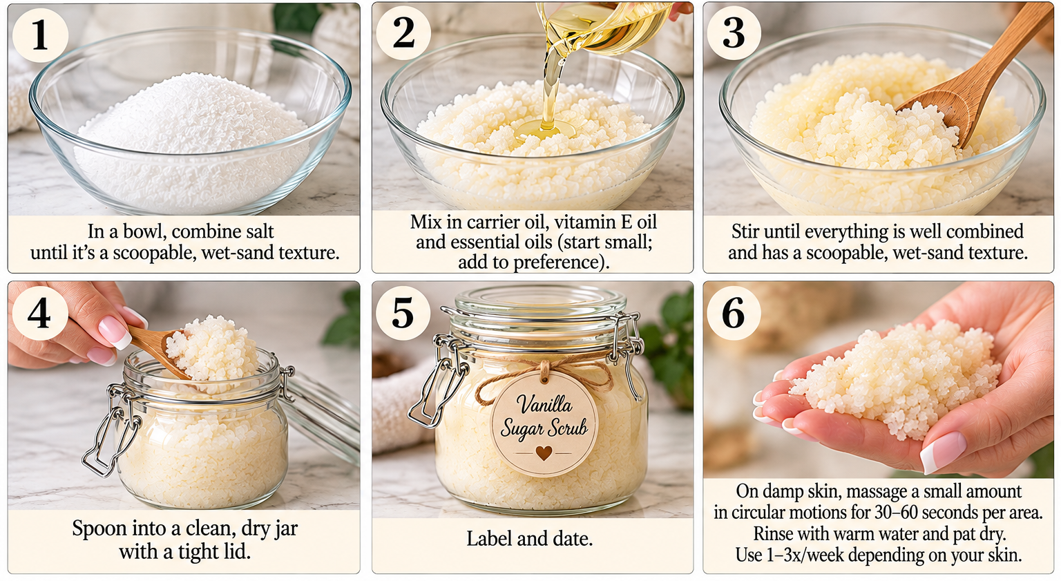 Cropped six-step photo instructions for making homemade DIY salt scrub