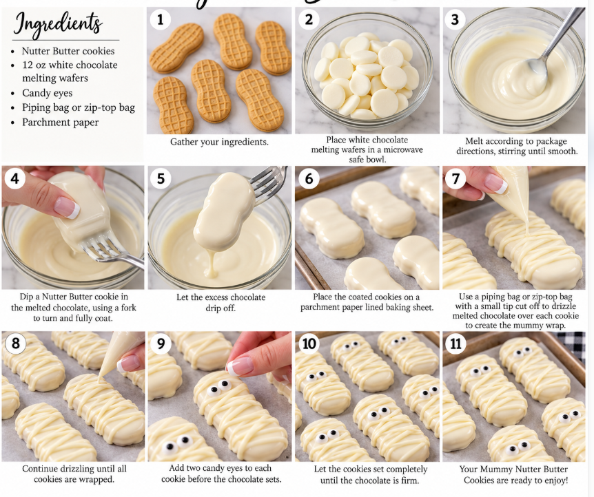 Eleven step visual instructions showing how to make Mummy Nutter Butter Cookies with white chocolate and candy eyes