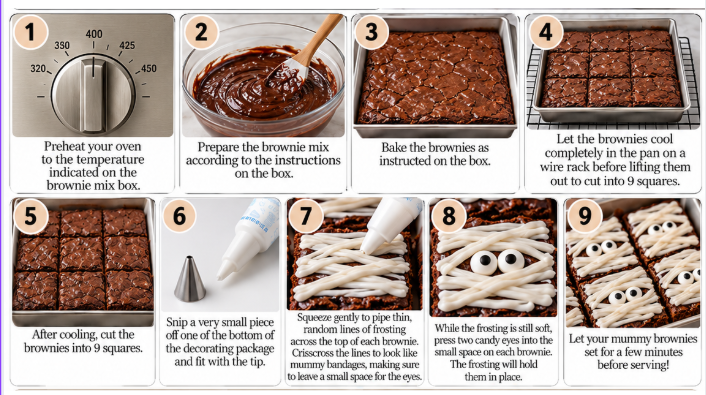Nine step photo tutorial showing how to bake, cut and decorate Halloween Mummy Brownies with white frosting bandages and candy eyes