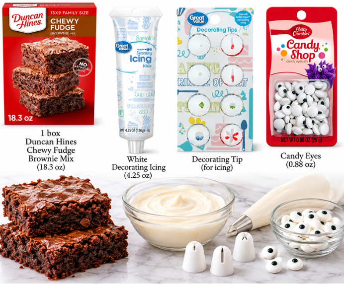 Ingredients for Halloween Mummy Brownies including Duncan Hines brownie mix, white decorating frosting, decorating tips and candy eyeballs
